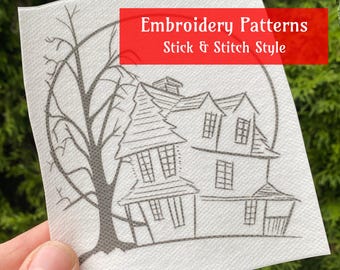 Vintage Haunted House Halloween Embroidery Pattern - Stick and Stitch style