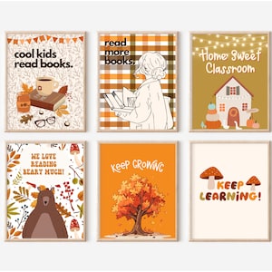 Carteles de aula de otoño, carteles de aula de otoño, impresiones de libros de lectura de otoño, arte de libros de lectura de otoño, decoración de aula de temporada de moda