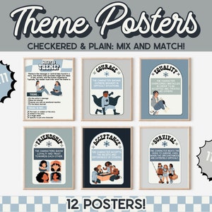 Peut inclure: Douze affiches imprimables avec un fond à carreaux bleu et blanc. Chaque affiche présente un thème différent, comme le courage, l'égalité, l'amitié, l'acceptation et la survie. Les affiches mesurent 21,6 cm sur 27,9 cm et 27,9 cm sur 43,2 cm.