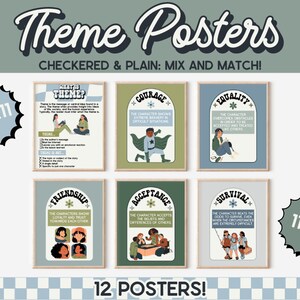 Peut inclure: Ensemble de 6 affiches imprimables avec un design à carreaux et uni. Les affiches mesurent 21,6 cm sur 27,9 cm et présentent différents thèmes tels que le courage, l'égalité, l'amitié, l'acceptation et la survie. Chaque affiche comporte une illustration colorée et un texte décrivant le thème.