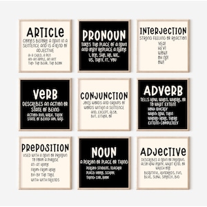 Digital Download Black and White Grammar Posters, English Grammar Parts of Speech Poster Set, Boho English Language Classroom Posters
