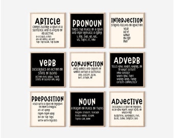 Digital Download Black and White Grammar Posters, English Grammar Parts of Speech Poster Set, Boho English Language Classroom Posters
