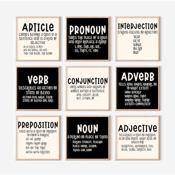 Digital Download Black and White Grammar Posters, English Grammar Parts of Speech Poster Set, Boho English Language Classroom Posters