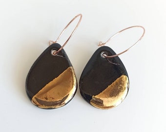 Black and gold luster drop ceramic earrings