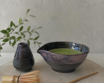 Juego de cuencos para matcha hechos a mano, chawan con boquilla para verter y soporte para batidor, juego para la ceremonia del té japonesa.