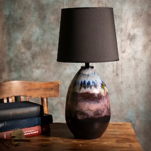 Handmade Pottery Table Lamp: Black & Violet Glaze