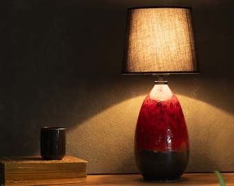 Handmade Ceramic Table Lamp: Red & Black Pottery, Minimalist Decor