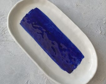 Handgemachte Porzellan Ovale Servierplatte: Blaue Pinselstrich Vorspeisentablett, Sushi Teller, Fischteller