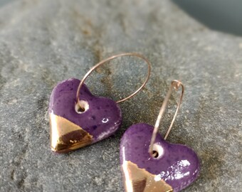 Dainty purple heart earrings with gold dip, minimalist jewelry,christmas gift, handmade anniversary gift