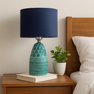 Handmade Ceramic Table Lamp - Decorative Lighting with Blue Lampshade