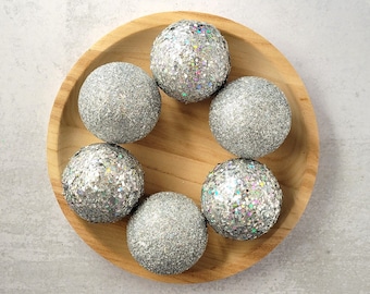 Handmade Silver Glitter Balls: Holiday Bowl Filler, Party Decorations
