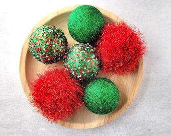 Handmade Christmas Decorative Balls: Green Glitter & Red Tinsel Vase Fillers