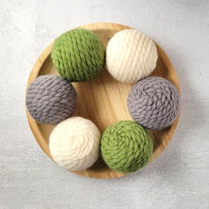 Handmade Yarn Wrapped Decorative Balls: Green, Grey, Cream Bowl Filler