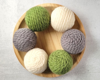 Handmade Yarn Wrapped Decorative Balls: Green, Grey, Cream Bowl Filler