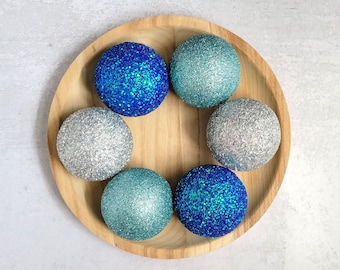 Blue & Silver Glitter Balls: Holiday Bowl Filler, Party Decor