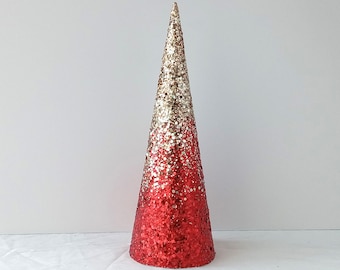 Ombre Glitter Tree Centerpiece: Champagne Gold & Red Holiday Decor