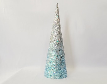 Ombre Glitter Tree Centerpiece: Silver & Light Blue Holiday Decor