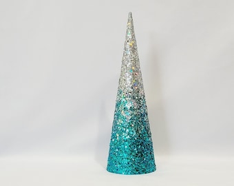 Ombre Glitter Tree Centerpiece: Silver & Mediterranean Blue Holiday Decor