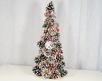 Snow Dusted Pinecone Tree: Handmade Winter Cabin Decor Centerpiece