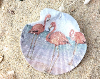Handmade Pink Flamingo Decoupage Scallop Shell Ornament: Beach Decor