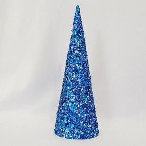 Twilight Blue Glitter Tree with Silver Accents & Stars – Party Centerpiece – Decorative Cone Tree – Pick Your Size – Single Glitter Tree