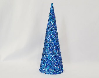 Twilight Blue Glitter Tree with Silver Accents & Stars – Party Centerpiece – Decorative Cone Tree – Pick Your Size – Single Glitter Tree
