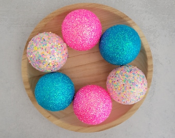 Handmade Glitter Balls – Pink, Blue, Birthday Cake Decor, Set of 6