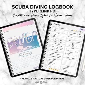 Puede incluir: Una tableta digital que muestra un libro de registro de buceo imprimible con un diseño holográfico. El libro de registro incluye secciones para detalles de la inmersión, el clima, el equipo y las notas. El texto en la tableta dice "SCUBA DIVING LOGBOOK - HYPERLINK PDF - Complete and Proper Logbook for Scuba Divers".