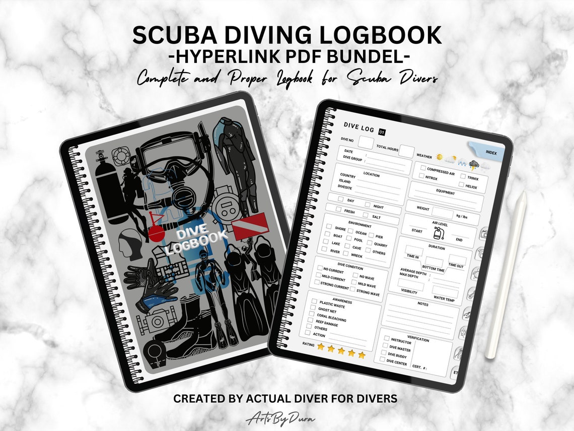 Scuba Diving Log Book Planner, Dive Log Book Hyperlink Pdf, Scuba