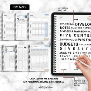 May include: A black and white index page for a diving log book. The page features the words "Dive Log", "Notes", "Dive Gear Maintenance", "Dive Centre", "Shopping List", "Photos", "Budgets", "Skills Goal", "Dive Site", "Marine Life Stickers", "Travel Checklist", and "Upcoming Trips".