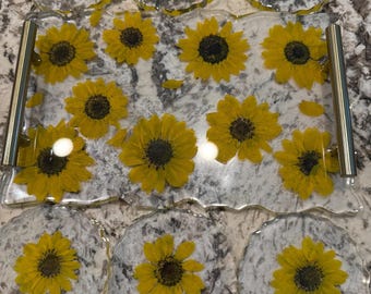 Bandeja para embutidos con diseño de girasol y juego de posavasos