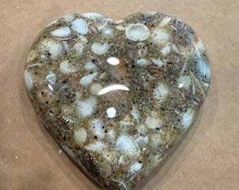 Heart-shaped sea shell and sand paperweight