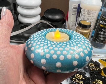 Round Tealight Candleholder, in a robin's egg blue luminous paint with white dots