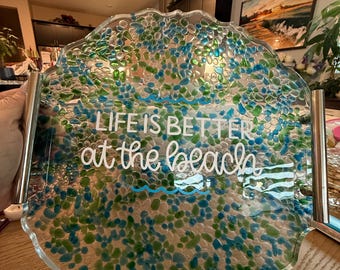 Charcuterie Tray with tumbled sea glass and silver plated handles