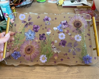 Charcuterie Tray with dried purple flowers and purple glass accents