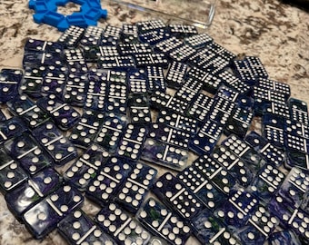 Double-12 Domino Set with trains, platform and case in blue, purple & green