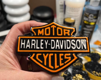 Harley-Davidson logo paperweight, orange, black and white, glossy!