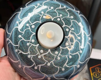 Large Tealight Candleholder Mandala, in shades of blue mica watercolors.