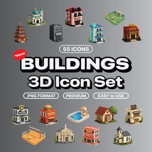 3D Gebäude Icon Pack für Sticker & Design: 55 PNG Icons (Digitaler Download)