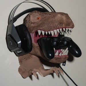 Trex Wall Mounted Headset/Controller Stand, Large Size Dinosaur Head, Headphone Stand for Gamer Room