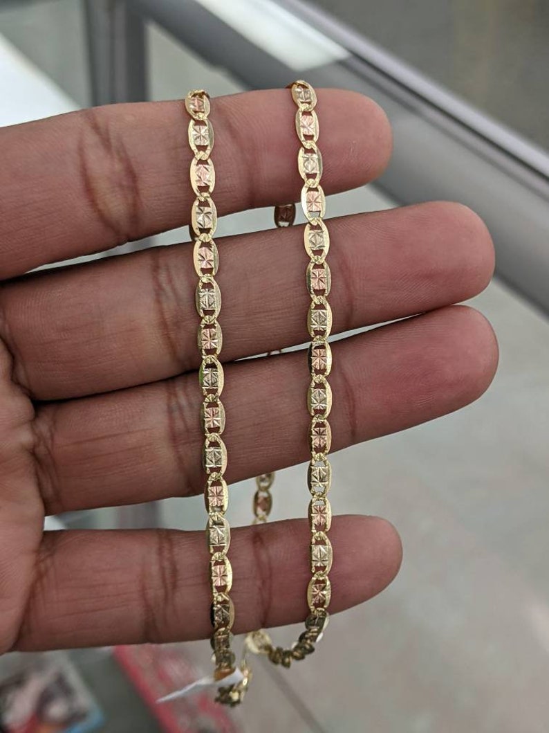 14k Gold Name Necklace - Matte Texture Letters with Diamond Cut Heart - Solid TriColor Valentino Chain