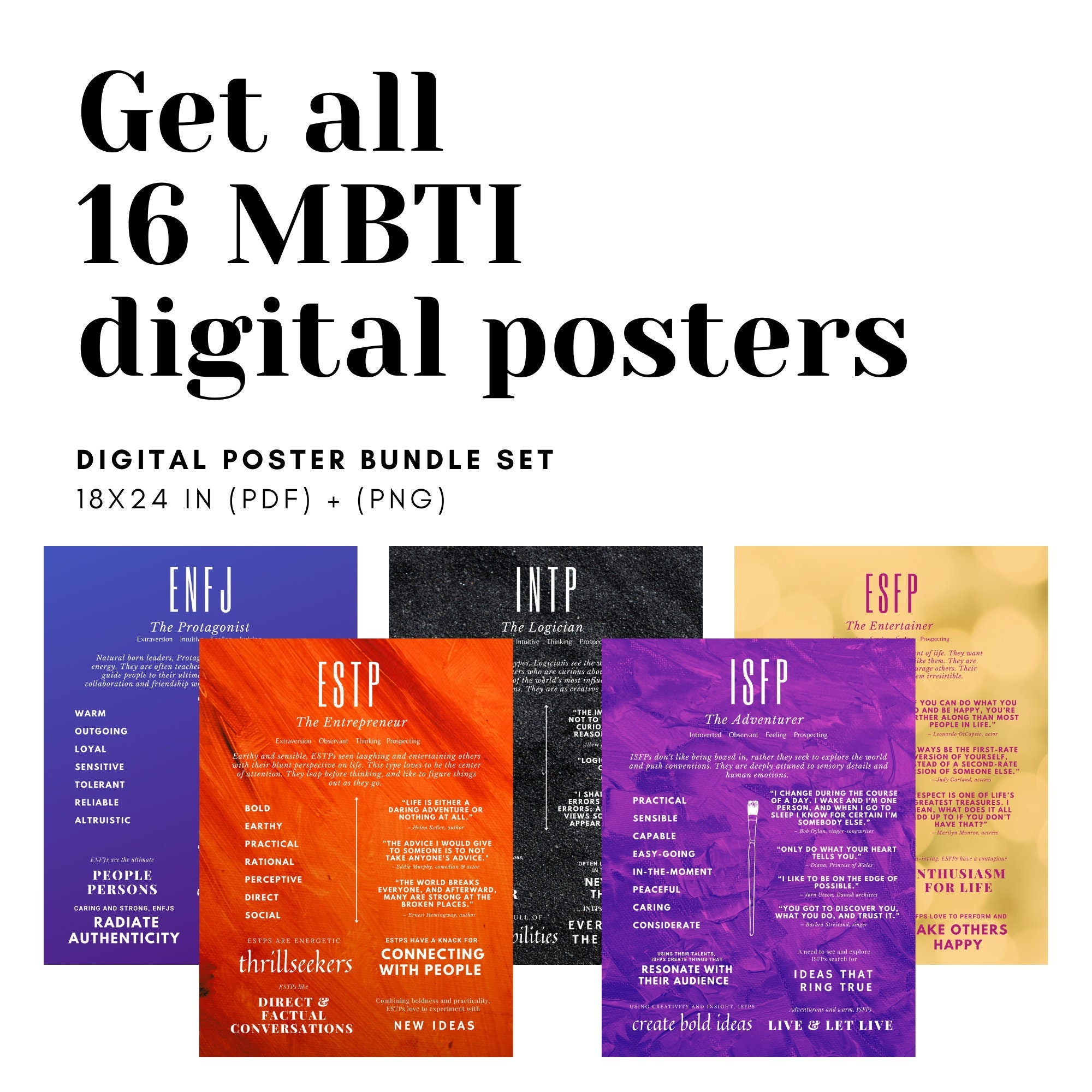 16 MBTI Digital Posters Bundle Set 18x24 Inches Myers-briggs 