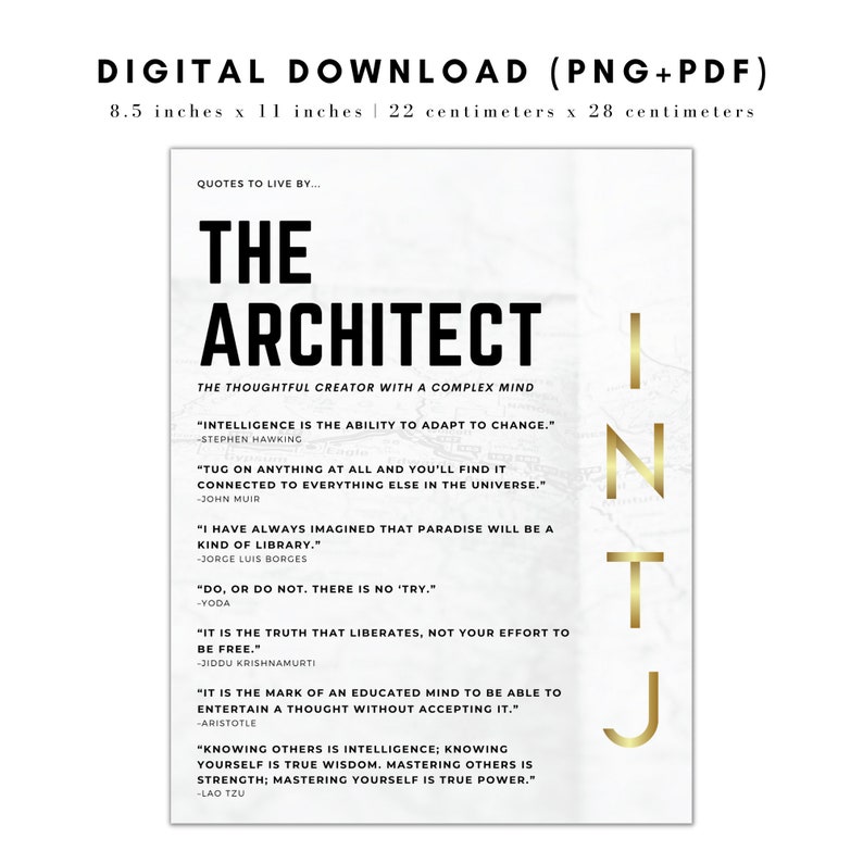 May include: A printable digital download of a poster with a white background and black text. The poster features the words "The Architect" in large, bold letters. The poster also includes several quotes about intelligence, creativity, and the importance of learning. The poster is 8.5 inches by 11 inches.