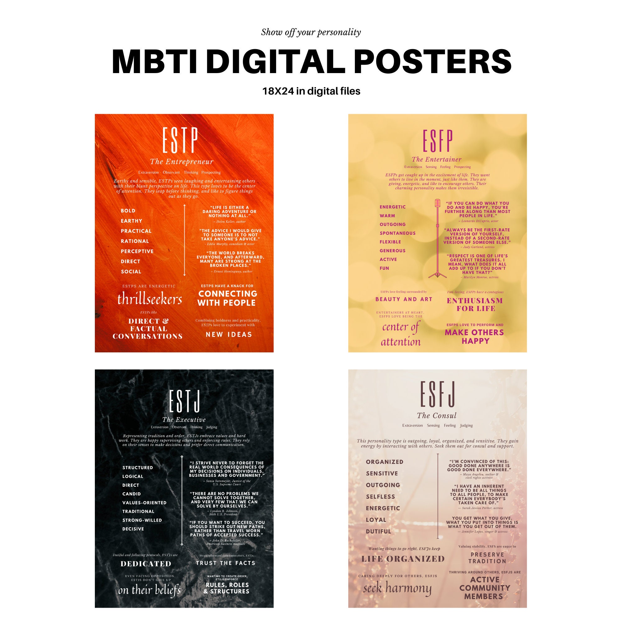 16 MBTI Digital Posters Bundle Set 18x24 Inches Myers-briggs 