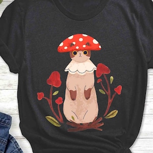 Mushroom Cat T-shirt, Mushroom Lover Shirt, Cottage Core Shirt, , Gift for Cat Lovers, Country Core, Mushroom Graphic Tee