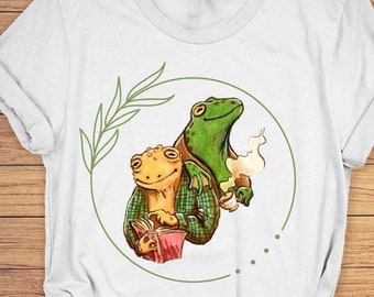 カエルとヒキガエルのTシャツ：ヴィンテージブックラバーTシャツ