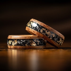 Meteorite & Crushed Gold Leaf Wood Man Wedding Band, Anniversary Engagement Promise Inlay Ring For Him Her Authentic Oak Whiskey Barrel Gift