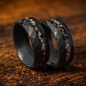 Damascus Meteorite & Crushed Gold Leaf Man Wedding Black Steel Hammered Band, Cosmos Anniversary Engagement Promise Inlay Ring For Him Gift image 2