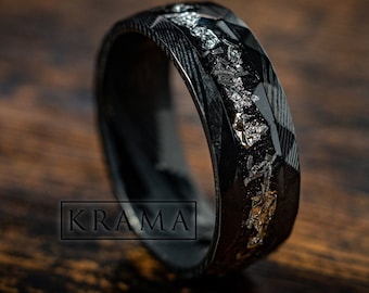 Damascus White Gold Flakes & Meteorite Man Wedding Hammered Steel Band, Verjaardag Engagement Promise Galaxy Unieke Beste Cadeau Ring voor hem