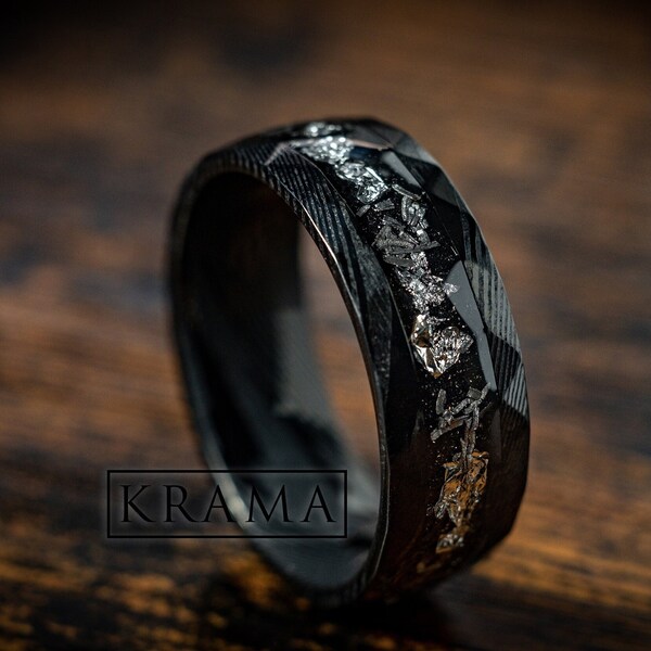 Damascus White Gold Flakes & Meteorite Man Wedding Hammered Steel Band, Anniversary Engagement Promise Galaxy Unique Best Gift Ring For Him